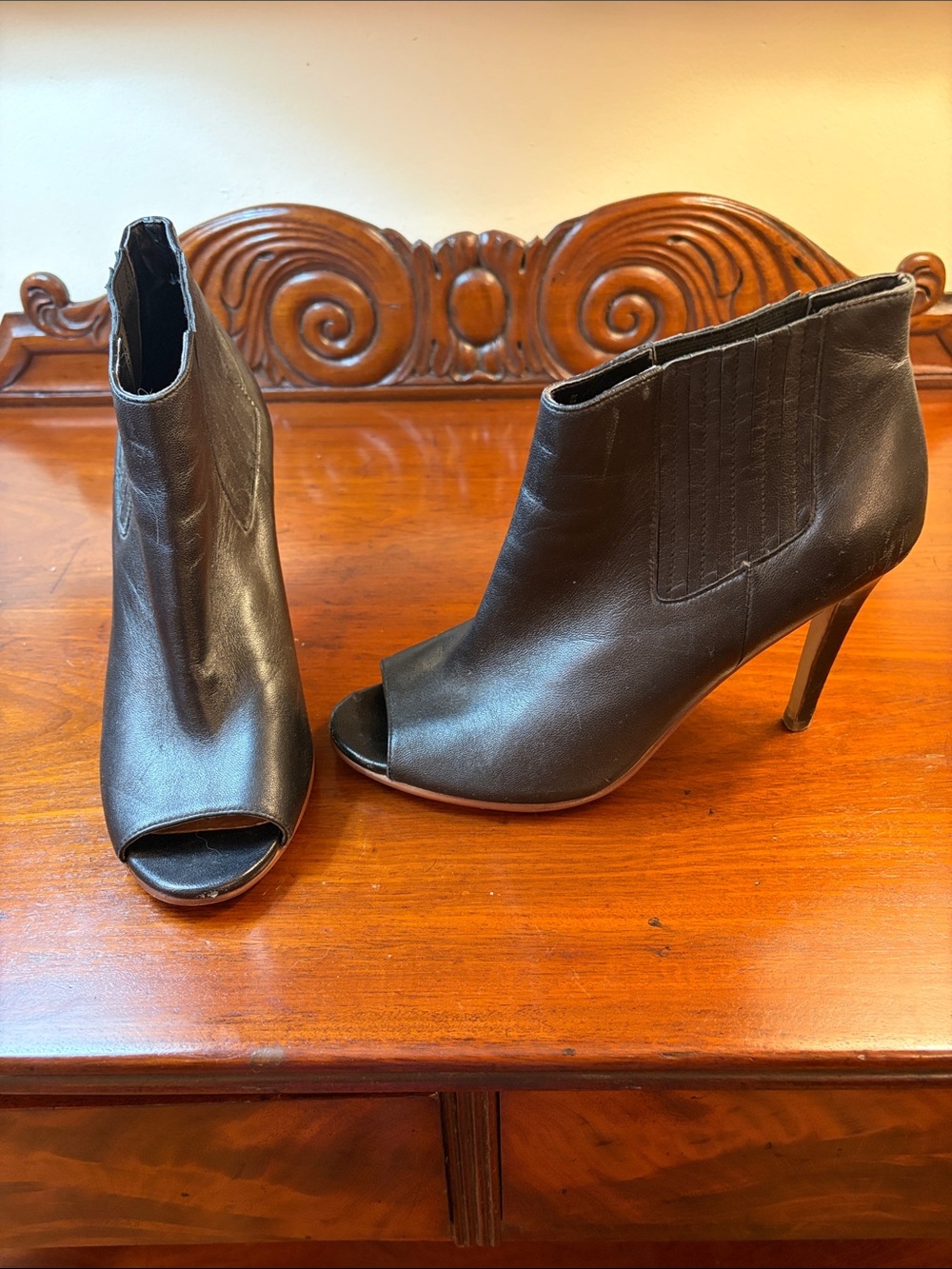 Halogen Black Leather Peep-Toe Stiletto Ankle Boots